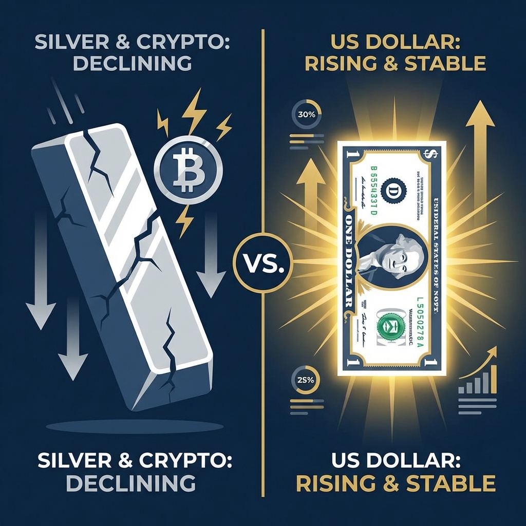 A professional financial comparison chart. Left side shows a falling silver bar and a bitcoin logo with lightning cracks. Right side shows a strong, shining US Dollar bill.