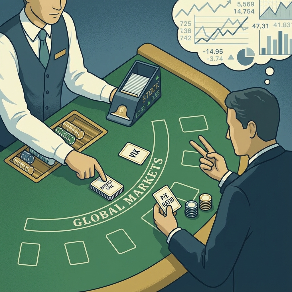 경제 지표가 카드로 나오는 블랙잭 테이블 베팅 모습